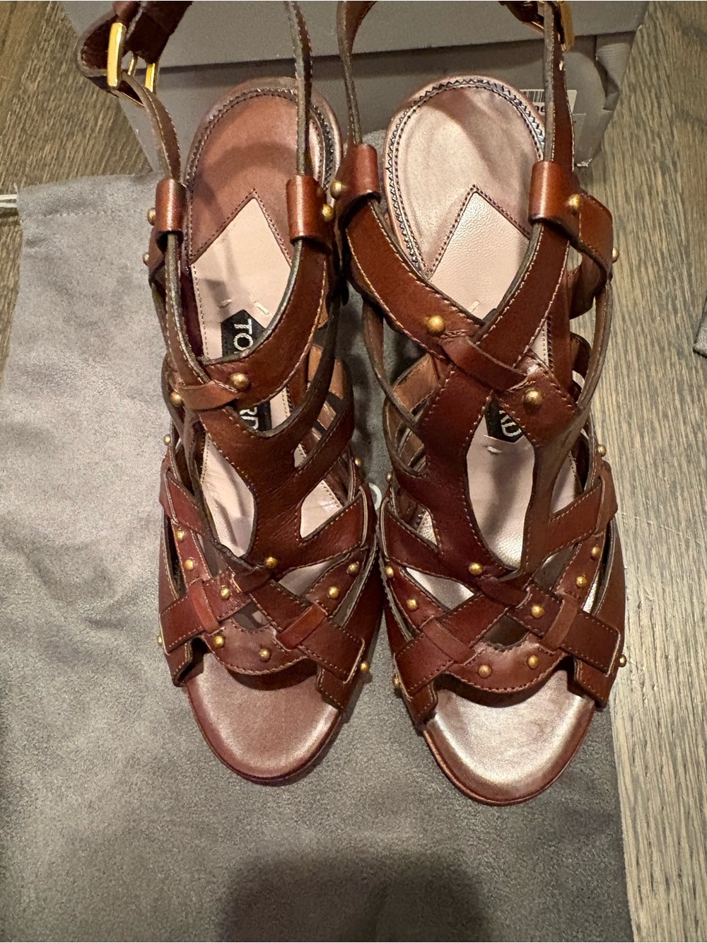 Tom Ford Brown Leather Studded Strappy Heels Italy as is floor display 37 1/2 - Picture 13 of 14
